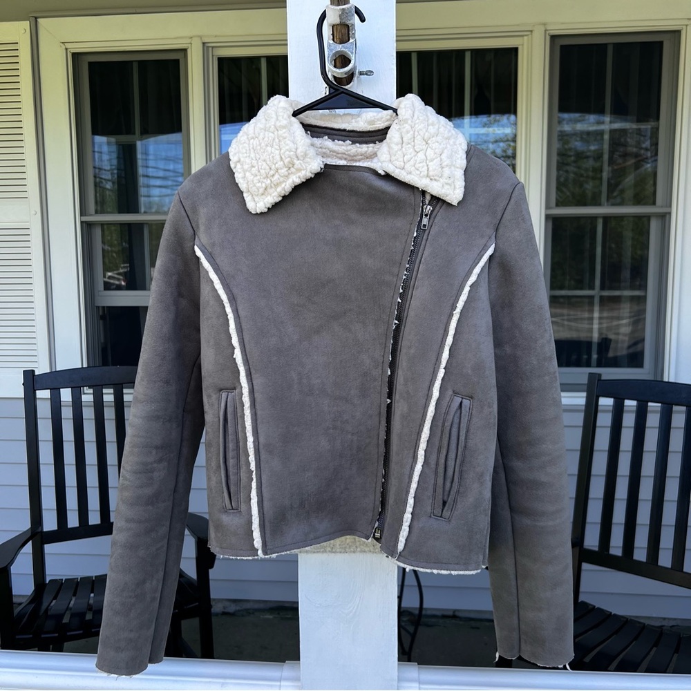 Gray Shearling Jacket With Cream Lining - image 2